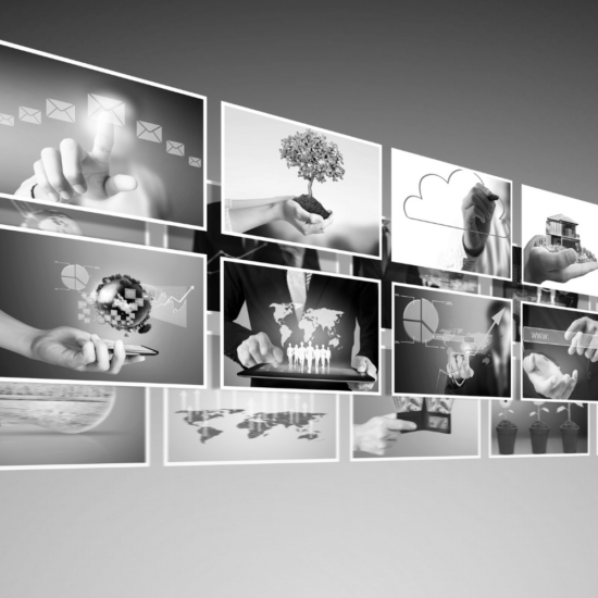 Collection of marketing images displayed on digital screens, representing how choosing the right photos for your website, social media, and advertising can help attract attention and build trust.
