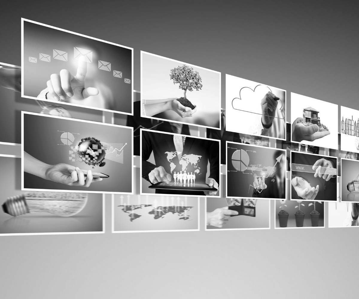 Collection of marketing images displayed on digital screens, representing how choosing the right photos for your website, social media, and advertising can help attract attention and build trust.