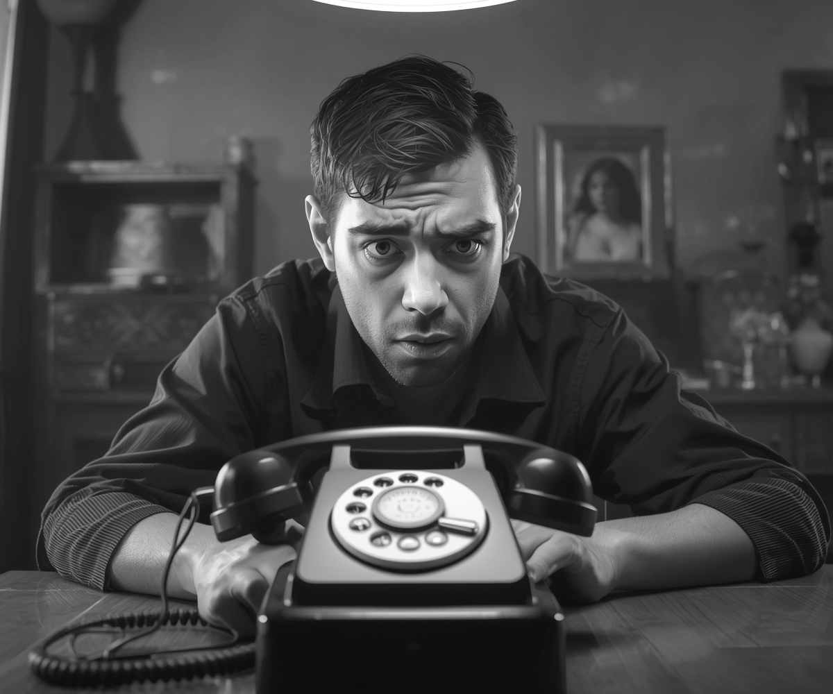 Business owner waiting by the phone, frustrated by website visitors not contacting his business despite receiving website traffic.