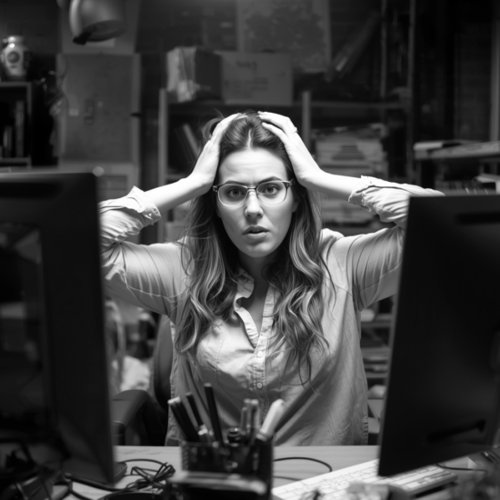 Frustrated business owner looking at a computer screen after marketing efforts fail to generate customer responses or leads due to a weak call to action.