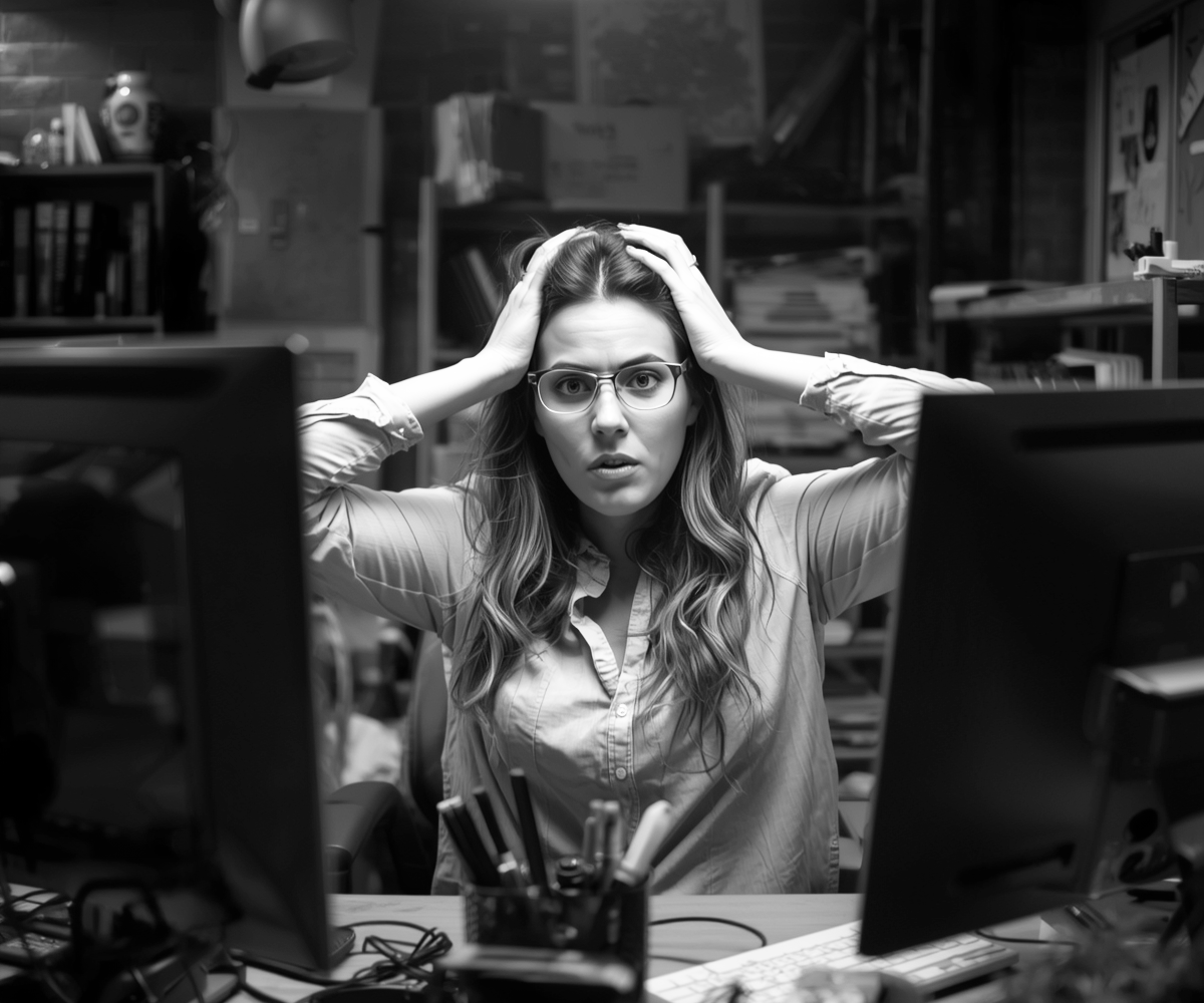 Frustrated business owner looking at a computer screen after marketing efforts fail to generate customer responses or leads due to a weak call to action.